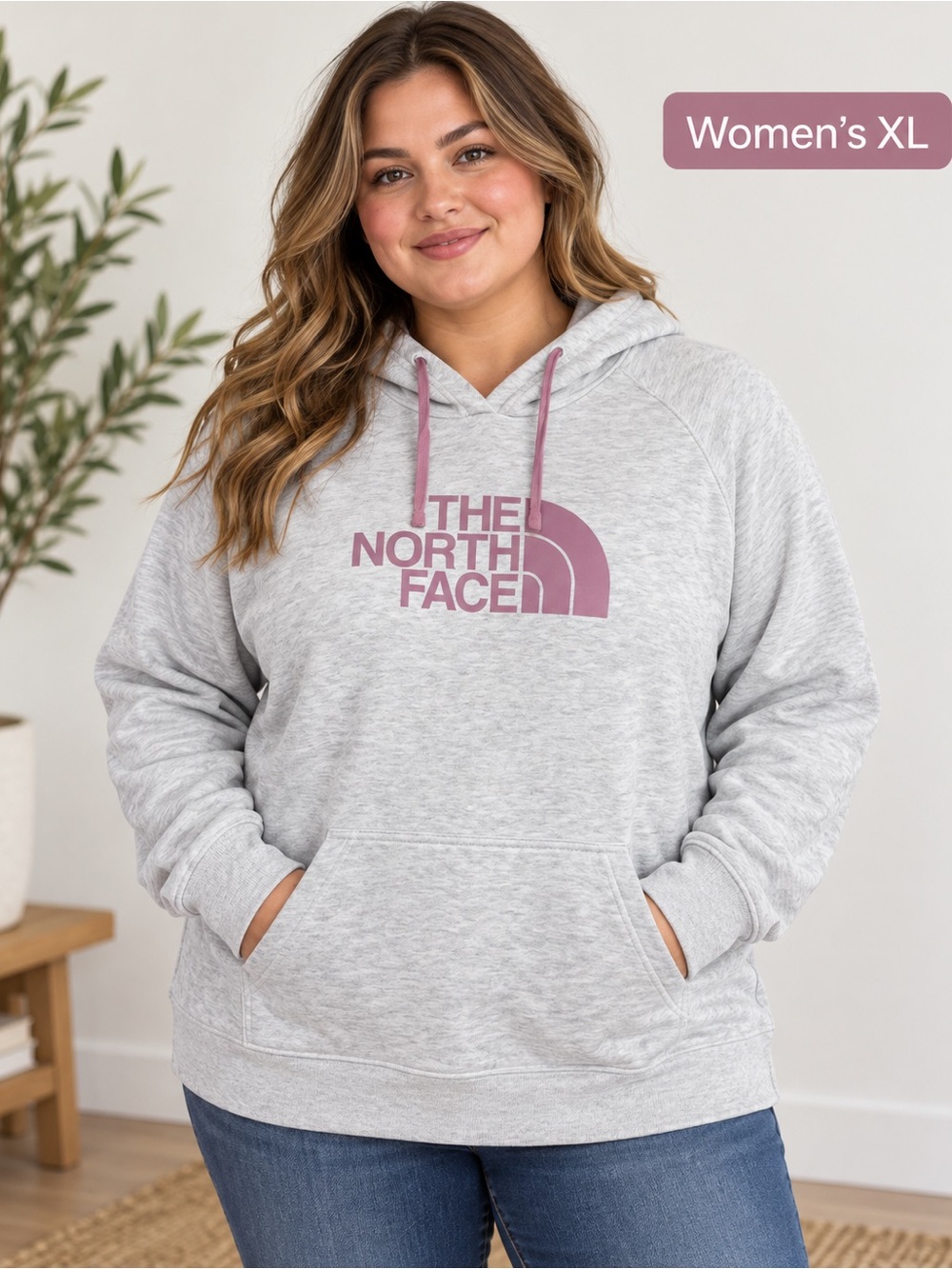 The North Face Women's Light Gray Hoodie with Dusty Pink Logo
